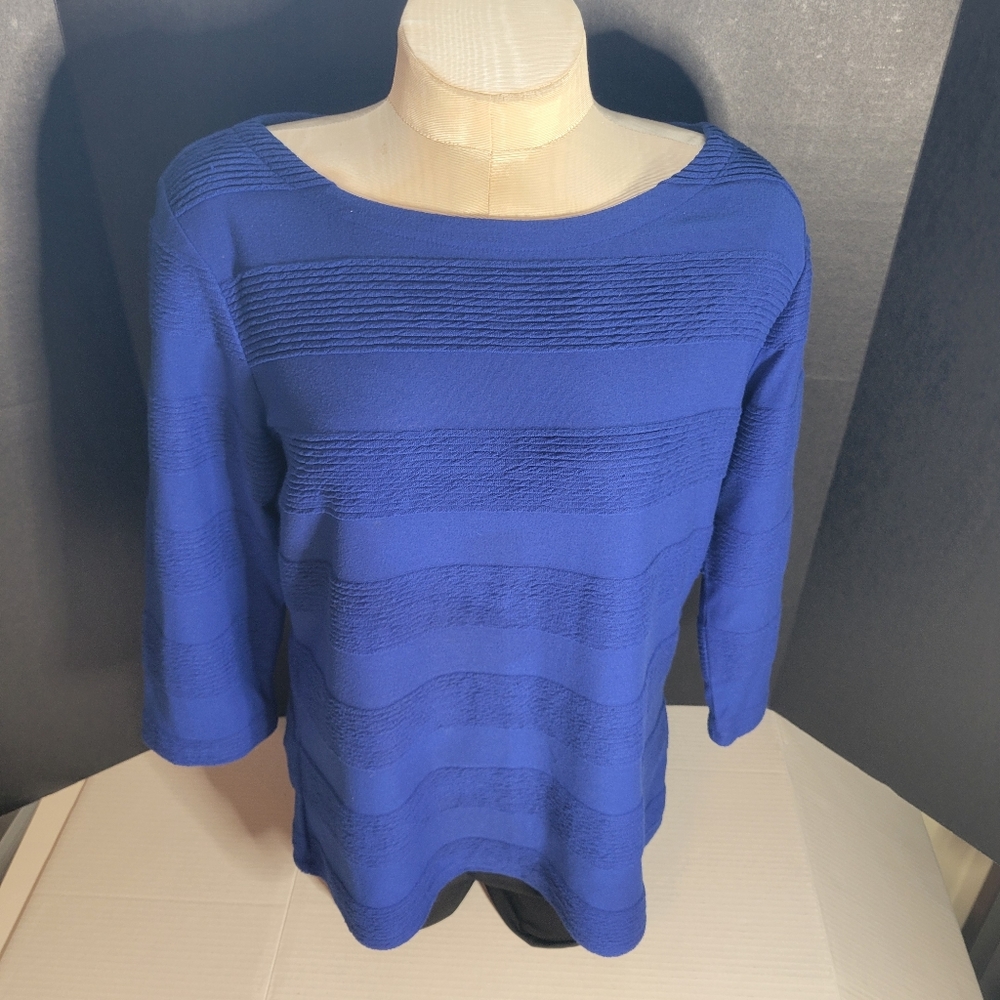 St John Bay Women's Large Blue Boat Neck Sweater Horizontal Pleated Pullover